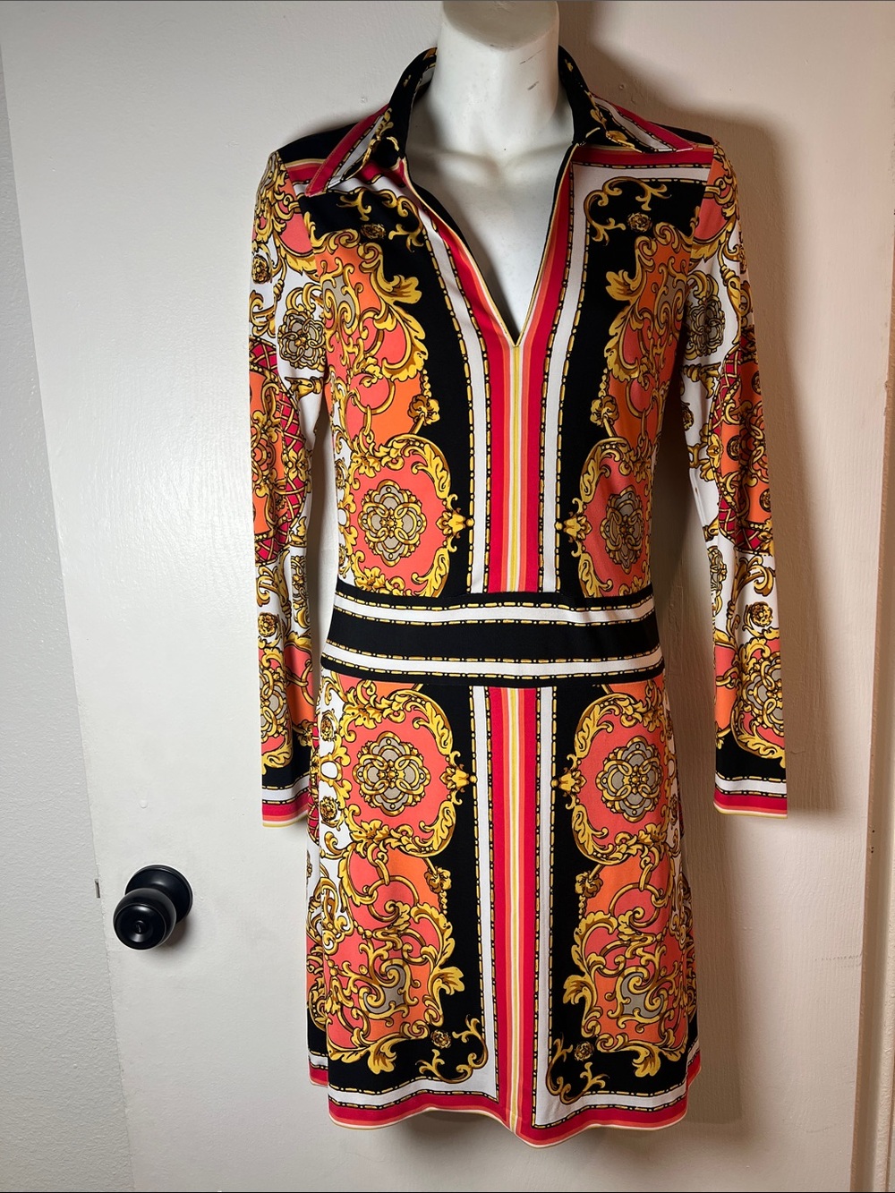 Cache Baroque-Print Long Sleeve Dress in Orange, Black and Cream